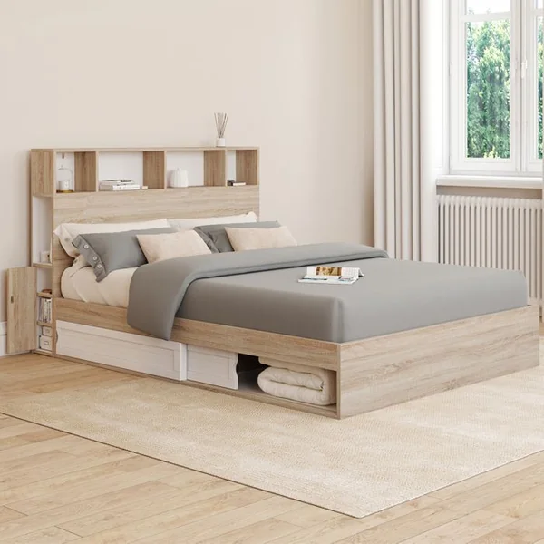 ID MARKET Lit Double Clem Avec Rangements + Tête De Lit Et Sommier 140 X 190 Cm Hêtre Et Blanc