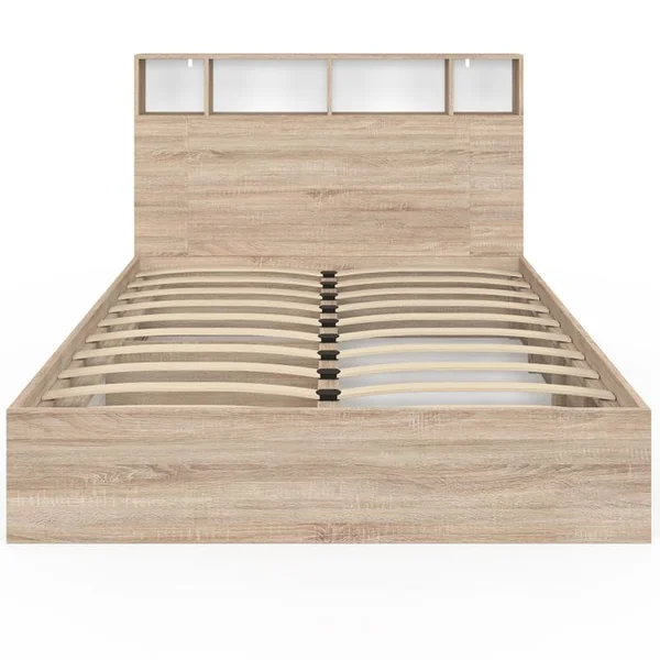 ID MARKET Lit Double Clem Avec Rangements + Tête De Lit Et Sommier 140 X 190 Cm Hêtre Et Blanc