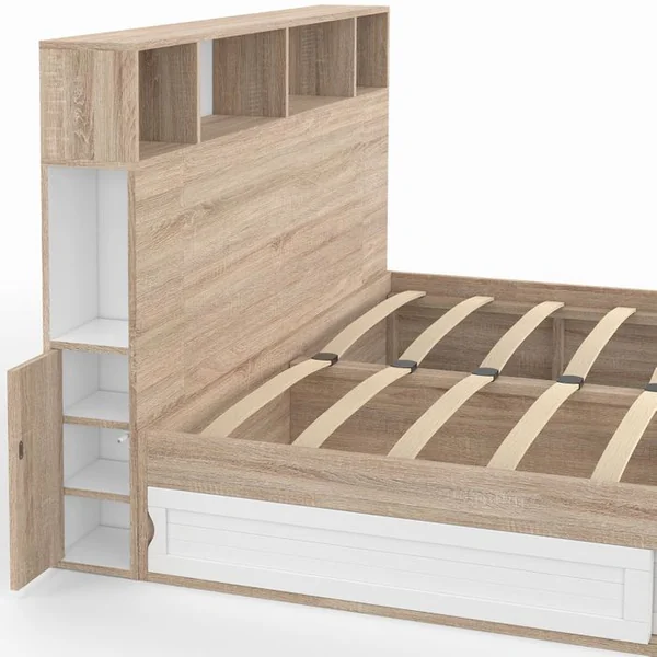 ID MARKET Lit Double Clem Avec Rangements + Tête De Lit Et Sommier 140 X 190 Cm Hêtre Et Blanc