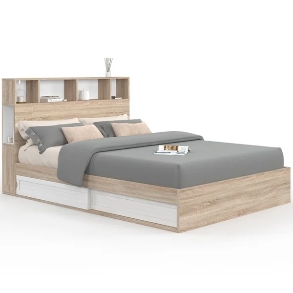 ID MARKET Lit Double Clem Avec Rangements + Tête De Lit Et Sommier 140 X 190 Cm Hêtre Et Blanc