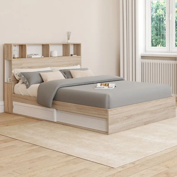 ID MARKET Lit Double Clem Avec Rangements + Tête De Lit Et Sommier 140 X 190 Cm Hêtre Et Blanc