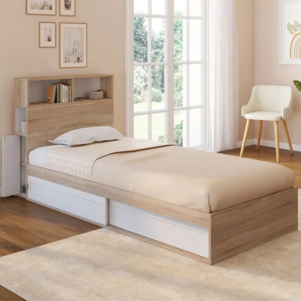 ID MARKET Lit Simple Clem Avec Rangement, Tête De Lit Et Sommier 90 X 190 Cm Hêtre Et Blanc