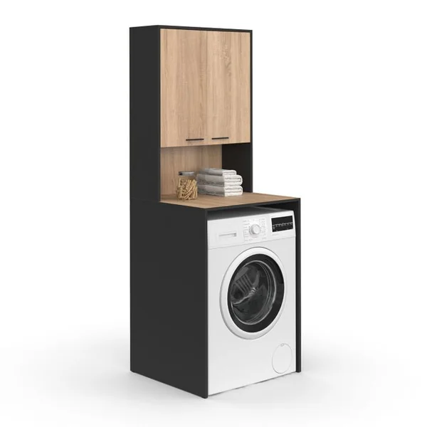 ID MARKET Meuble Dessus De Machine à Laver Wallis Avec Placard Noir Et Bois Façon Hêtre