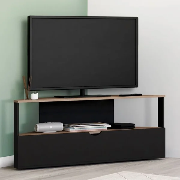 ID MARKET Meuble TV 100 Cm D'angle Eli Bois Façon Hêtre Et Noir