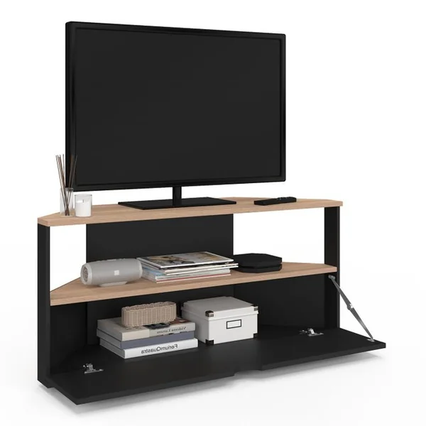 ID MARKET Meuble TV 100 Cm D'angle Eli Bois Façon Hêtre Et Noir