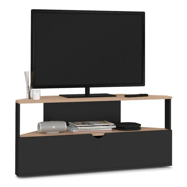 ID MARKET Meuble TV 100 Cm D'angle Eli Bois Façon Hêtre Et Noir