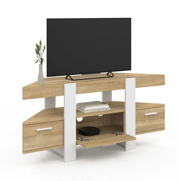 ID MARKET Meuble TV 110 Cm D'angle Phoenix Avec Tiroir Bois Et Blanc