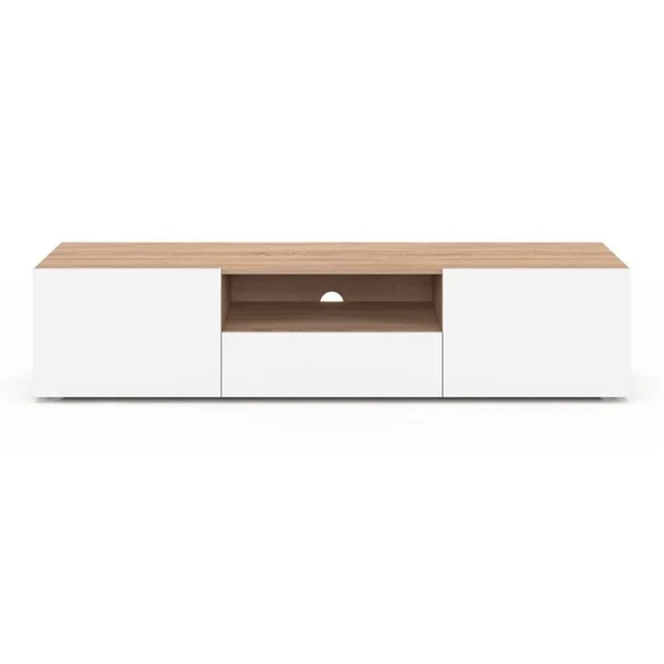 ID MARKET Meuble TV 140 Cm Eli Bois Façon Hêtre Portes Blanches