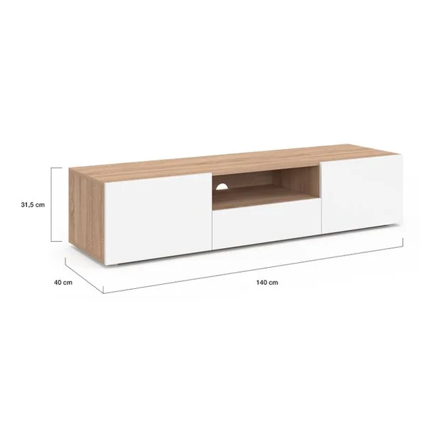 ID MARKET Meuble TV 140 Cm Eli Bois Façon Hêtre Portes Blanches
