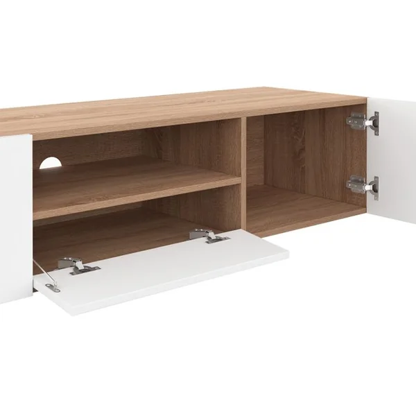 ID MARKET Meuble TV 140 Cm Eli Bois Façon Hêtre Portes Blanches