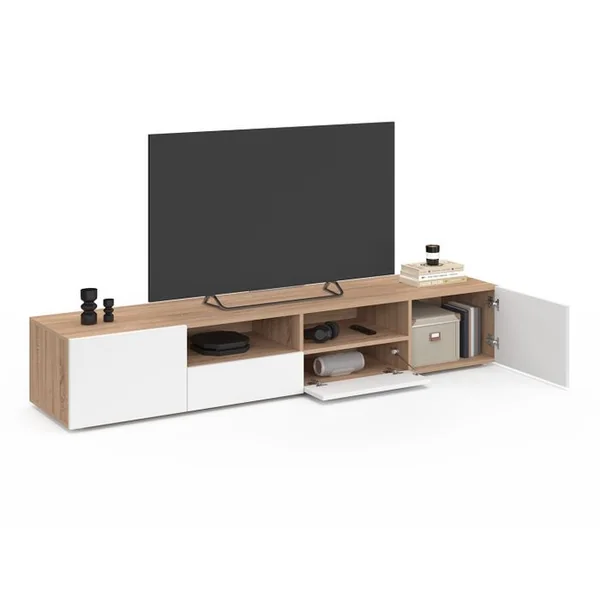 ID MARKET Meuble TV 180 Cm Eli Bois Façon Hêtre Portes Blanches