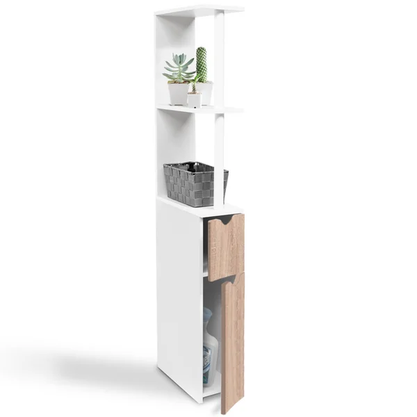 ID MARKET Meuble Wc étagère Willy Bois 2 Portes Blanc Et Hêtre