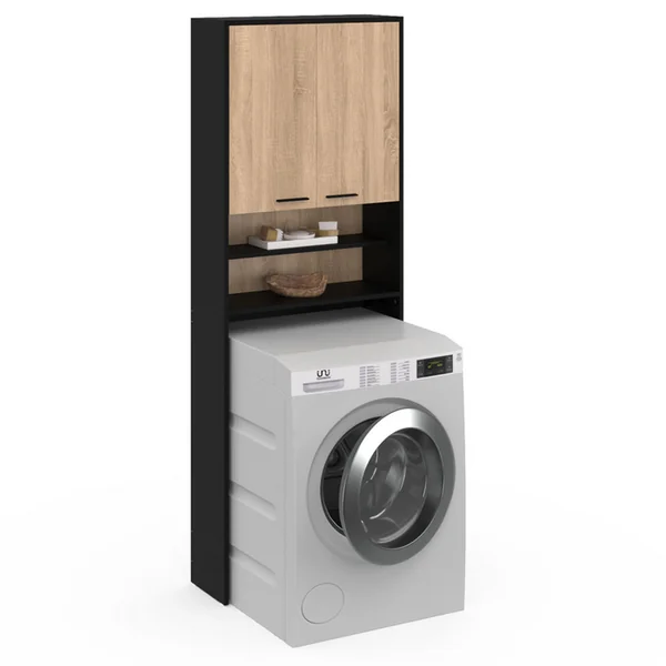 ID MARKET Meuble étagères De Rangement Dessus Machine à Laver Et Wc Wallis Noir Et Bois Façon Hêtre