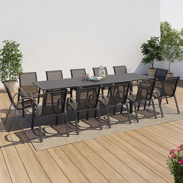 ID MARKET Salon De Jardin Poly Table Extensible 135-270 Cm Et 12 Chaises Gris Foncé
