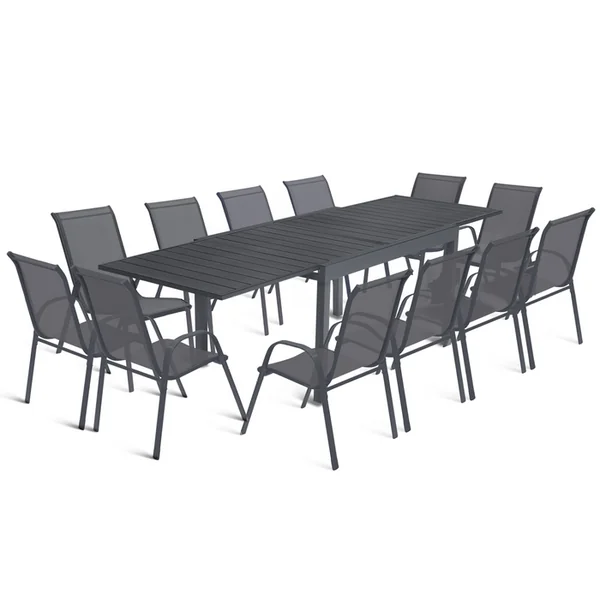 ID MARKET Salon De Jardin Poly Table Extensible 135-270 Cm Et 12 Chaises Gris Foncé