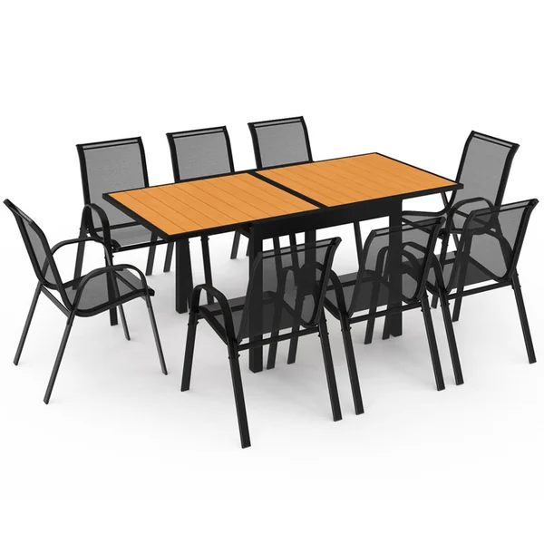 ID MARKET Salon De Jardin Poly Table Extensible 90-180 Cm Et 8 Chaises Bois Et Noir