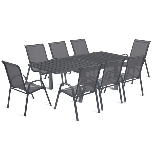 ID MARKET Salon De Jardin Poly Table Extensible 90-180 Cm Et 8 Chaises Gris Foncé