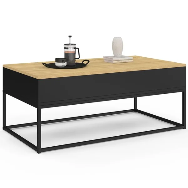 ID MARKET Table Basse Plateau Relevable Rectangulaire Boston 100 Cm Noir Plateau Bois Design Industriel
