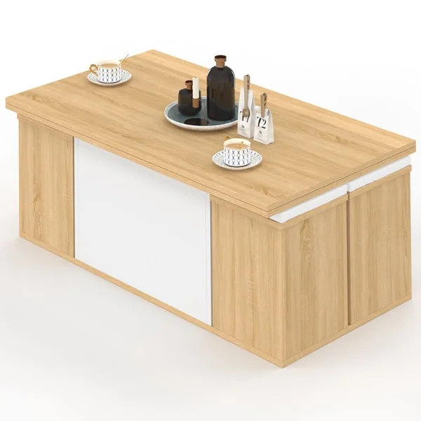 ID MARKET Table Basse Plateau Relevable Rectangulaire Convertible En Table à Manger Eden 100 Cm Bois Et Blanc