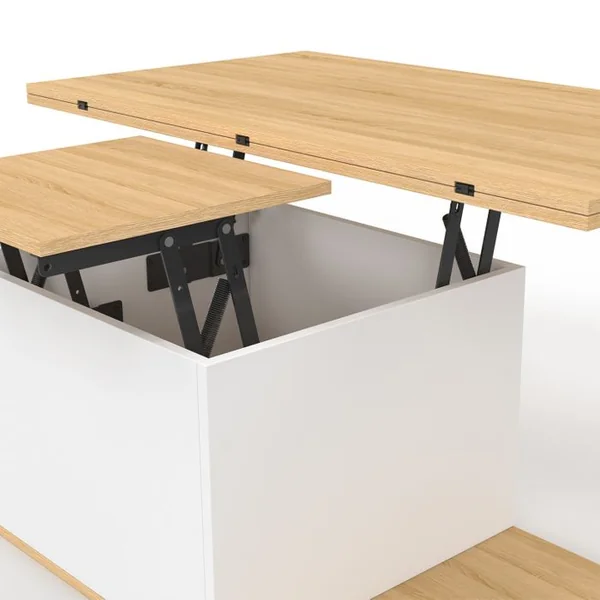 ID MARKET Table Basse Plateau Relevable Rectangulaire Convertible En Table à Manger Eden 100 Cm Bois Et Blanc