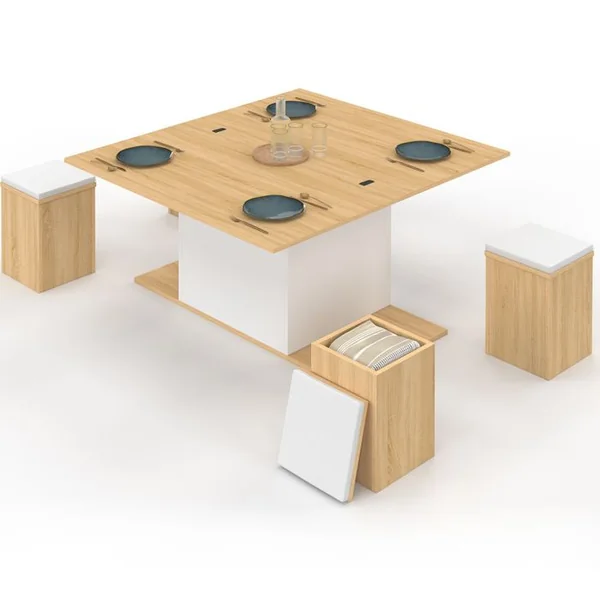 ID MARKET Table Basse Plateau Relevable Rectangulaire Convertible En Table à Manger Eden 100 Cm Bois Et Blanc