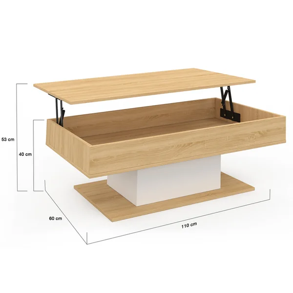 ID MARKET Table Basse Plateau Relevable Rectangulaire Eden Bois Et Blanc