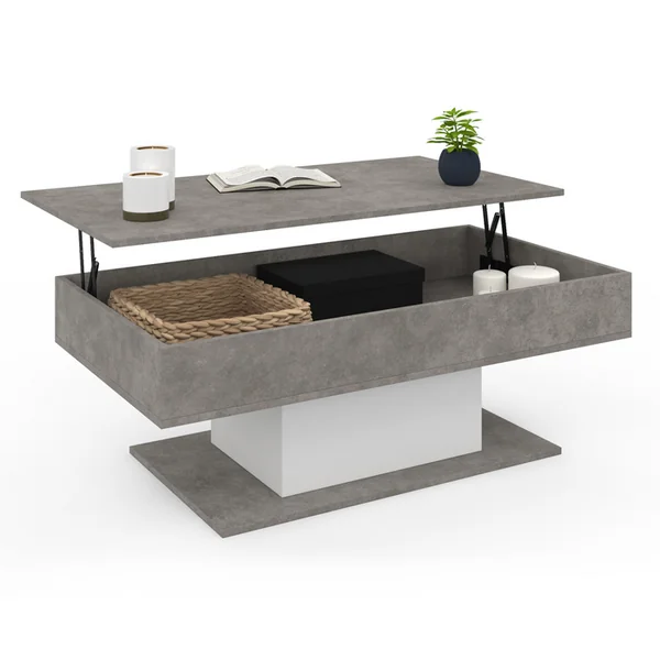 ID MARKET Table Basse Plateau Relevable Rectangulaire Eden Effet Béton Et Blanc