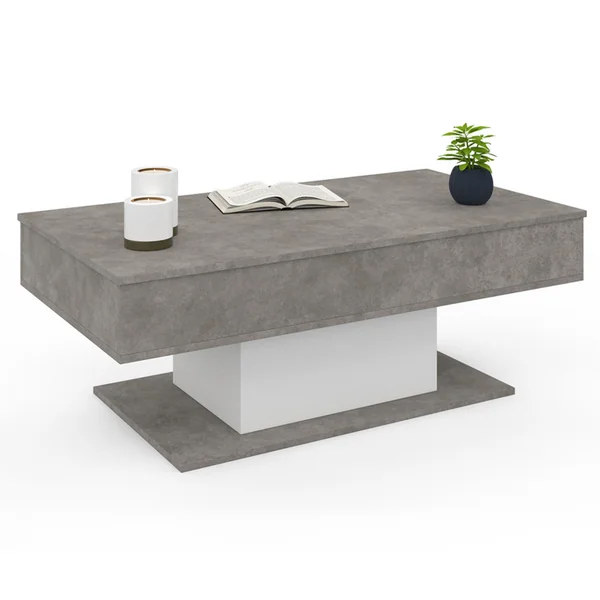 ID MARKET Table Basse Plateau Relevable Rectangulaire Eden Effet Béton Et Blanc