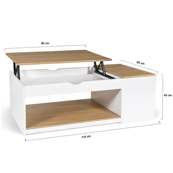 ID MARKET Table Basse Plateau Relevable Rectangulaire Elea Avec Coffre Bois Blanc Et Façon Hêtre