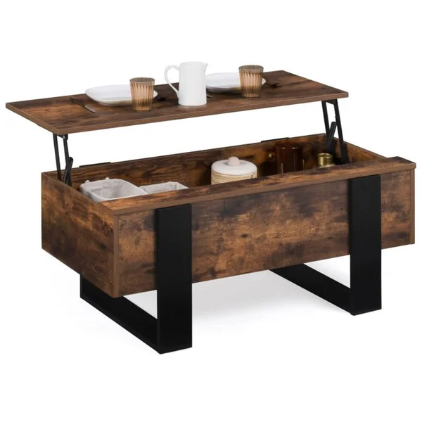 ID MARKET Table Basse Plateau Relevable Rectangulaire Phoenix Bois Effet Vieilli Et Noir
