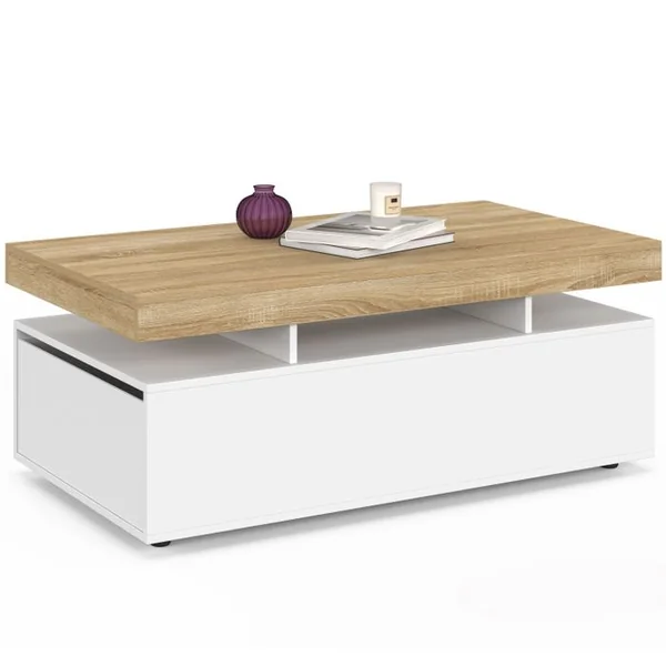 ID MARKET Table Basse Rectangulaire Elsa 100 Cm 2 Tiroirs En Bois Blanc Et Plateau Façon Hêtre