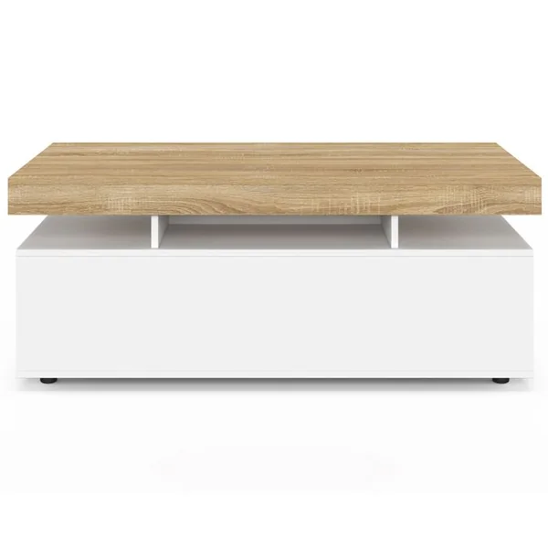 ID MARKET Table Basse Rectangulaire Elsa 100 Cm 2 Tiroirs En Bois Blanc Et Plateau Façon Hêtre