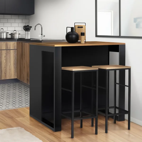 ID MARKET Table De Bar Îlot Juno Bois Noir Et Plateau Foncé Hawkins