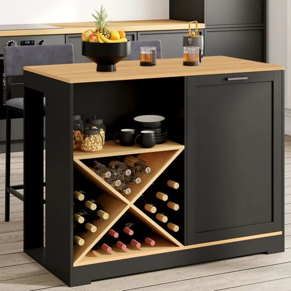 ID MARKET Table De Bar Îlot Vito 113 Cm Avec Range Bouteilles Bois Noir Et Plateau Façon Hêtre