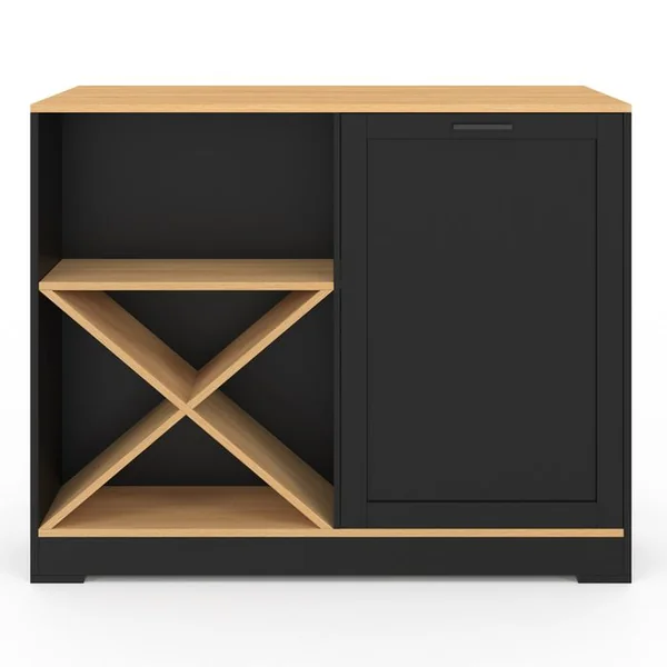 ID MARKET Table De Bar Îlot Vito 113 Cm Avec Range Bouteilles Bois Noir Et Plateau Façon Hêtre