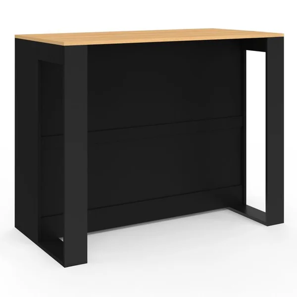 ID MARKET Table De Bar Îlot Vito 113 Cm Avec Range Bouteilles Bois Noir Et Plateau Façon Hêtre
