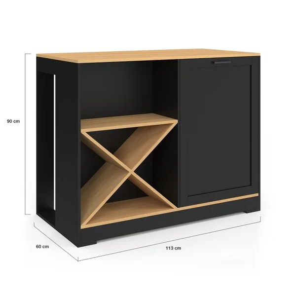 ID MARKET Table De Bar Îlot Vito 113 Cm Avec Range Bouteilles Bois Noir Et Plateau Façon Hêtre