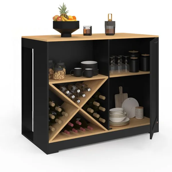 ID MARKET Table De Bar Îlot Vito 113 Cm Avec Range Bouteilles Bois Noir Et Plateau Façon Hêtre