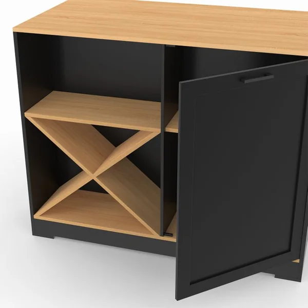 ID MARKET Table De Bar Îlot Vito 113 Cm Avec Range Bouteilles Bois Noir Et Plateau Façon Hêtre