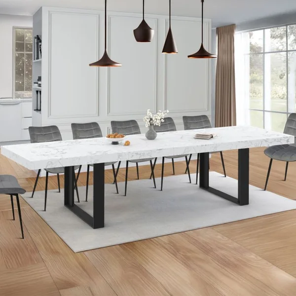 ID MARKET Table à Manger Extensible Phoenix Rectangle 6-12 Personnes Plateau Effet Marbre Blanc Alaska 200-300