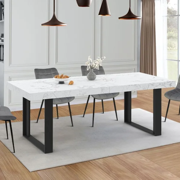 ID MARKET Table à Manger Extensible Phoenix Rectangle 6-12 Personnes Plateau Effet Marbre Blanc Alaska 200-300