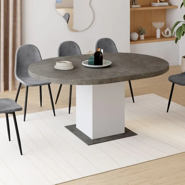 ID MARKET Table à Manger Extensible Ronde Eden 4-8 Personnes Béton Et Blanc 120-160 Cm
