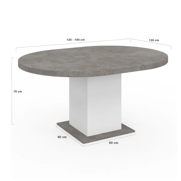 ID MARKET Table à Manger Extensible Ronde Eden 4-8 Personnes Béton Et Blanc 120-160 Cm