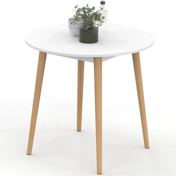 ID MARKET Table à Manger Fixe Ronde Angela 4 Personnes Blanc Pieds Bois 80 Cm