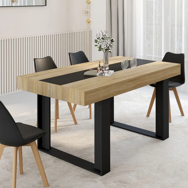 ID MARKET Table à Manger Rectangle Phoenix 6 Personnes Bois Et Noir Bande Centrale Noire 160 Cm