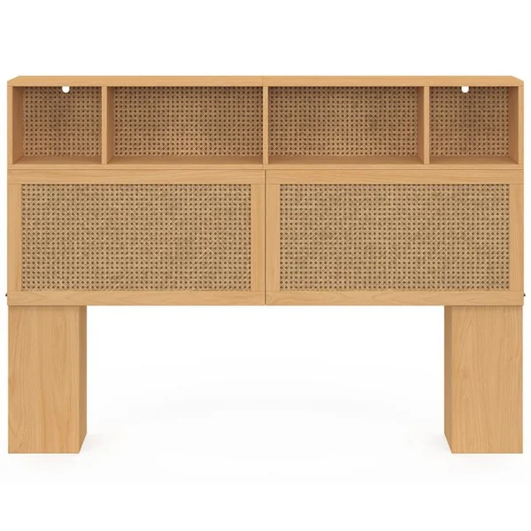 ID MARKET Tête De Lit Edhen 145 Cm Avec Rangements Fermés Et Niches Cannage Et Bois