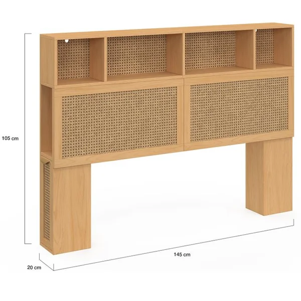 ID MARKET Tête De Lit Edhen 145 Cm Avec Rangements Fermés Et Niches Cannage Et Bois