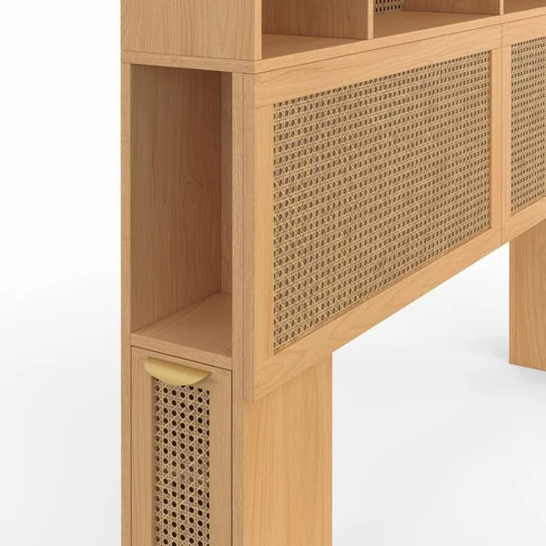 ID MARKET Tête De Lit Edhen 145 Cm Avec Rangements Fermés Et Niches Cannage Et Bois