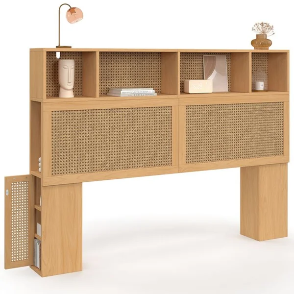 ID MARKET Tête De Lit Edhen 145 Cm Avec Rangements Fermés Et Niches Cannage Et Bois