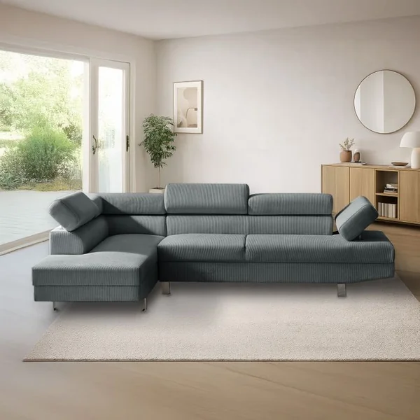 INTENSEDECO Canapé D'angle Gauche Avec Têtières Relevables Palerme Velours Côtelé Gris